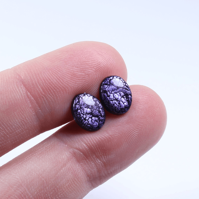 Hypoallergenic Vibrant Electric Cracked Purple Oval Cut Polymer Clay Plastic Back Stud Earrings With Designer Carbon Fiber Jewellery Box
