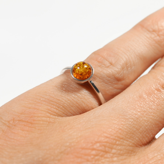 Sterling Silver 925 Minimalist Design Style Small Round Cabochon Cut Orange Baltic Amber Birthstone Gemstone Band Ring Size N - 6 1/2