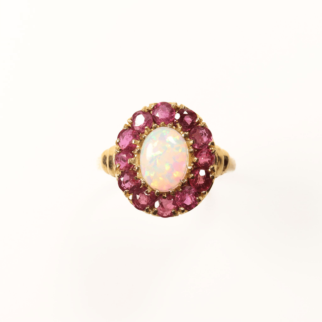 Vintage 9K 9Ct 375 Solid Yellow Gold Oval Firey Rainbow Flash Cabochon Opal Red Ruby Claw Set Halo Design Ring Size N - 6 1/2