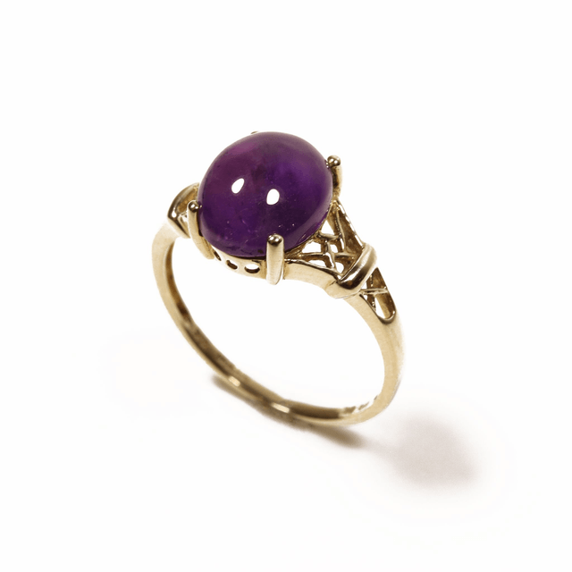 Vintage 9K 9Ct 375 Solid Yellow Gold Oval Cut Cabachon Deep Purple Amethyst Natural Gemstone February Birthstone Ring Size S 1/2 - 9 3/8