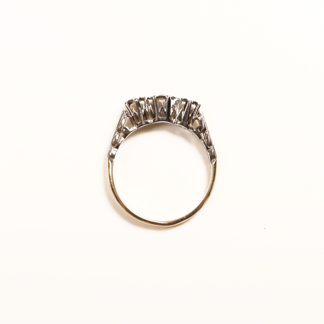 Edwardian 18K 18Ct 750 Solid Yellow Gold Platinum 0.35ct Round Brilliant Diamond Trilogy Natural Gemstone Pave Star Set Ring Size K - 5 1/8