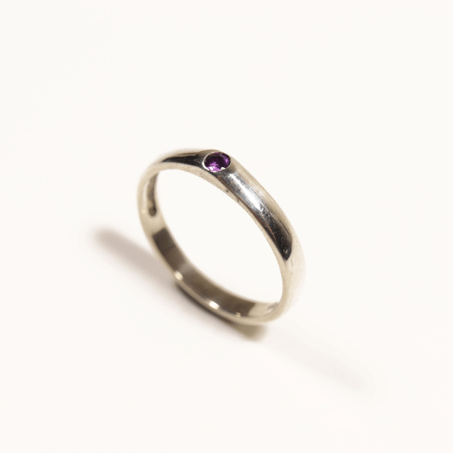 Simple Sterling Silver 925 Minimalist Design Style Small Round Cut Purple Amethyst Birthstone Gemstone Band Ring Size O - 7