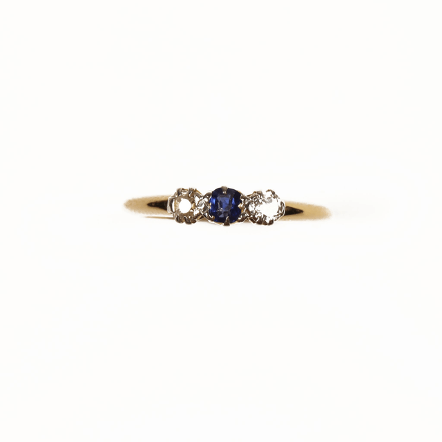 Edwardian 18K 18Ct 750 Solid Yellow Gold Vivid Blue Sapphire And Diamond Trilogy Natural Gemstone BHJ Designed Ring Size O 1/2 - 7 1/4