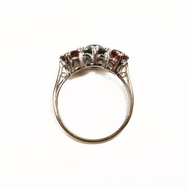 Vintage 9K 9Ct 375 Solid Yellow Gold Three Stone Trilogy Oval Round Cut Green Indicolite Pink Rubellite Tourmaline Ring Size P - 7 1/2