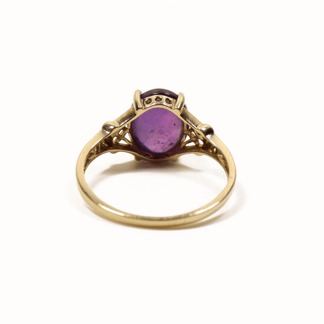 Vintage 9K 9Ct 375 Solid Yellow Gold Oval Cut Cabachon Deep Purple Amethyst Natural Gemstone February Birthstone Ring Size S 1/2 - 9 3/8