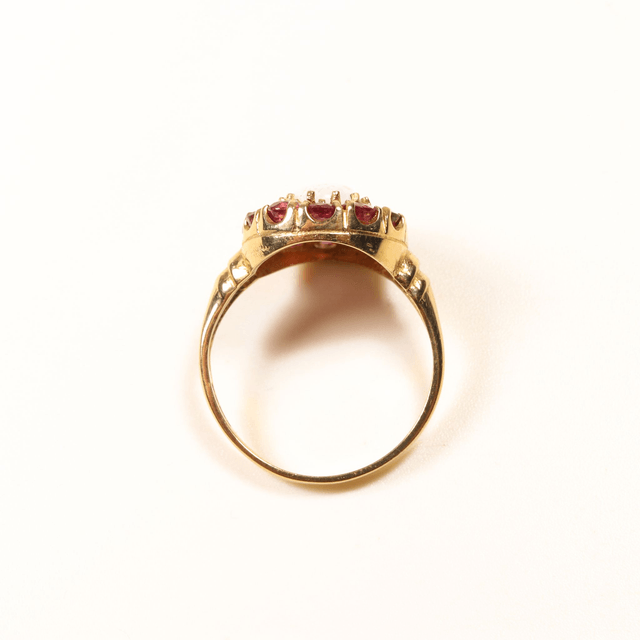 Vintage 9K 9Ct 375 Solid Yellow Gold Oval Firey Rainbow Flash Cabochon Opal Red Ruby Claw Set Halo Design Ring Size N - 6 1/2