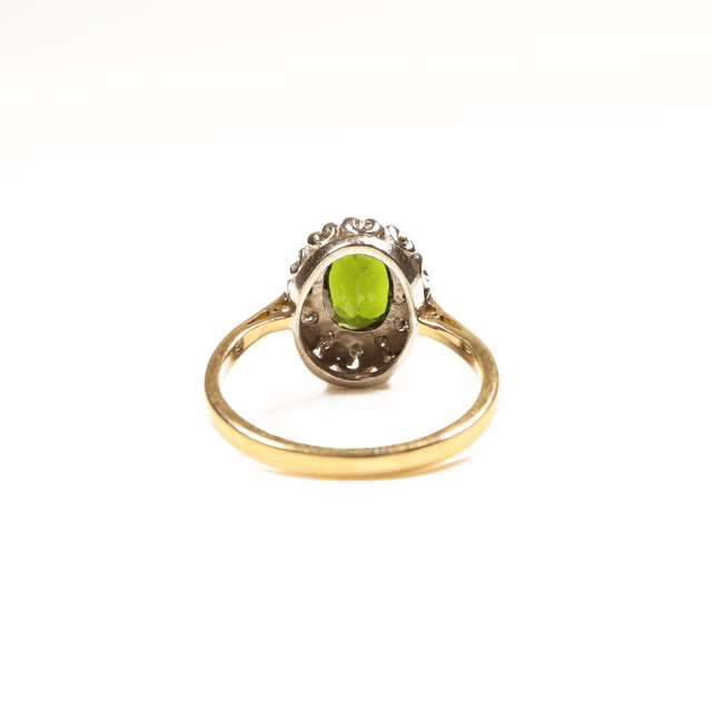 Vintage 18K 18Ct 750 Solid Yellow Gold Platinum Vivid Green Diopside And Diamond Halo Natural Gemstone Ring Size L 1/2 - 5 7/8