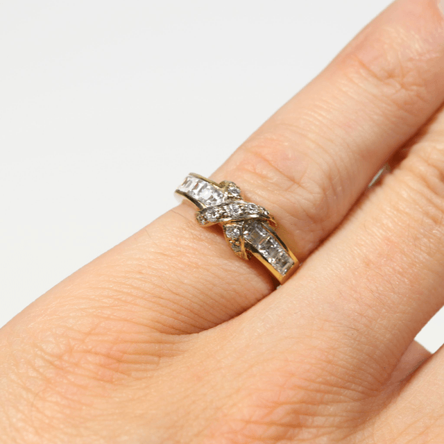 Vintage Sterling Silver 925 Yellow Gold Plated Cubic Zirconia Round / Princess Cut Cross Over Knot Design Channel Set Ring Size M - 6