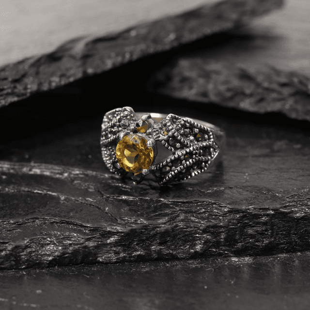 Vintage Sterling Silver 925 Art Deco Style Round Cut Vivid Orange Citrine With Marcasite Gemstone Band Design Ring Size O - 7