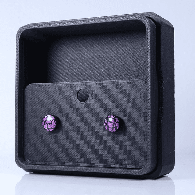 Hypoallergenic Vibrant Electric Cracked Plum Purple Polymer Clay Plastic Rubber Back Stud Earrings With Designer Carbon Fiber Jewellery Box
