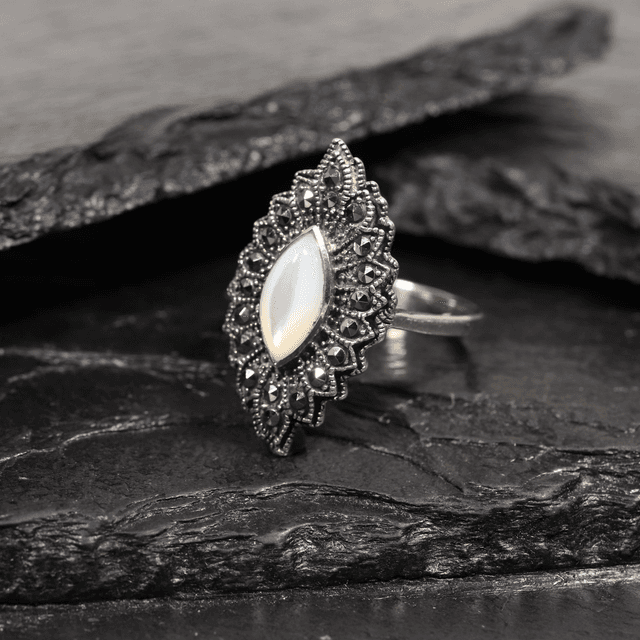 Vintage Sterling Silver 925 Art Deco Style White Marquise Cabachon Cut Mother Of Pearl With Marcasite Gemstone Fan Design Ring Size O - 7