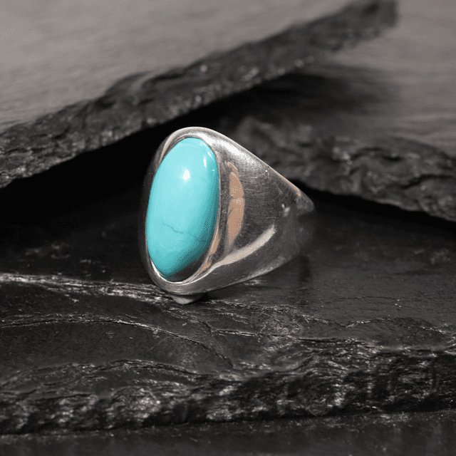 Heavy Sterling Silver 925 Natural Blue Turquoise Oval Cabochon Cut Gemstone Mens Navajo Boho Design Ring Size S - 9 1/8