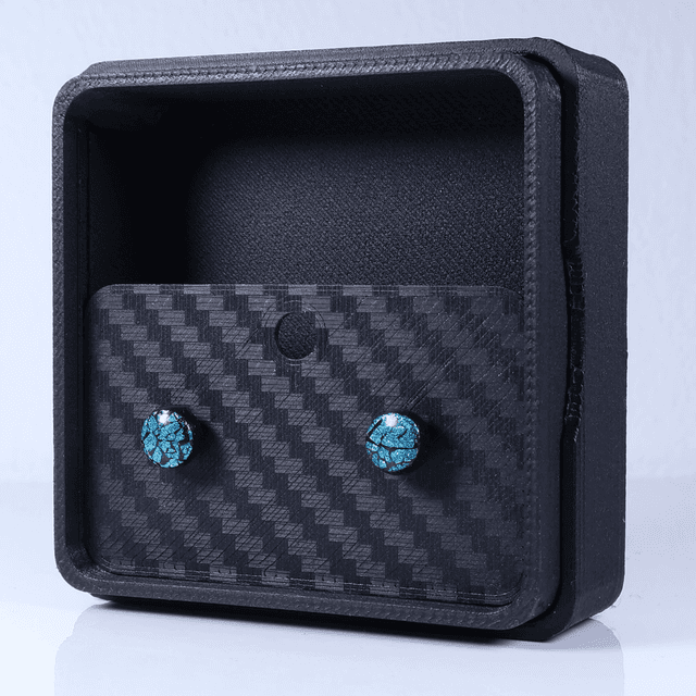 Hypoallergenic Vibrant Electric Cracked Teal Black Polymer Clay Plastic Rubber Back Stud Earrings With Designer Carbon Fiber Jewellery Box