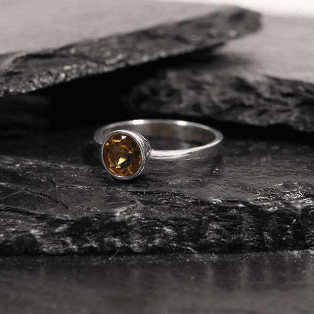 Sterling Silver 925 Minimalist Modern Design Band Round Cut Vivid Oramge Citrine Gemstone Birthstone Ring Size N - 6 1/2
