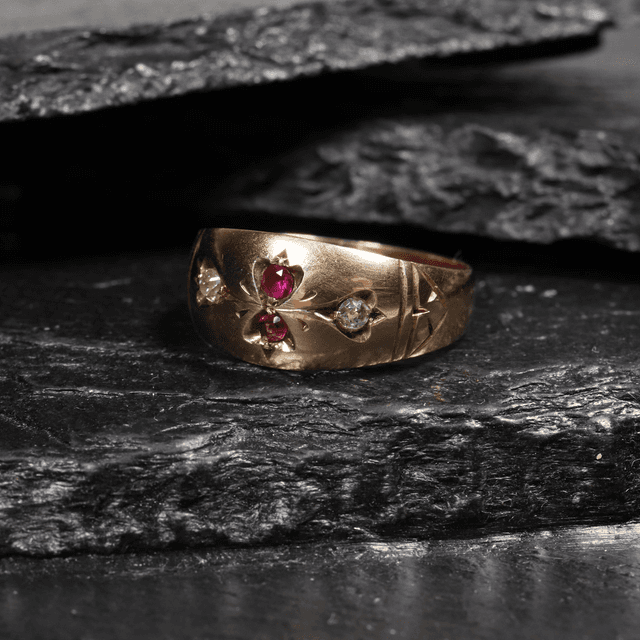 Edwardian Art Nouveau 9K 9Ct 375 Solid Rose Gold Vivid Red Ruby And Old Cut Diamond Natural Gemstone Hand Craved Ring Band Size M - 6