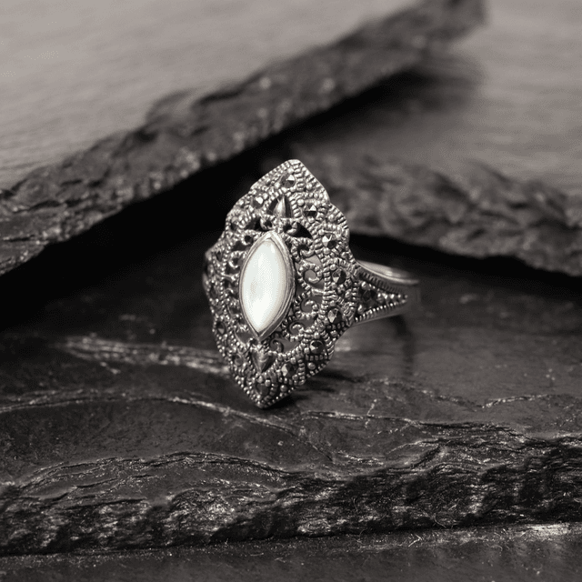 Vintage Art Deco Style Sterling Silver 925 Bezel Set Marquise Cut Cabochon Moonstone With Marcasite Gemstone Shield Design Ring Size O - 7