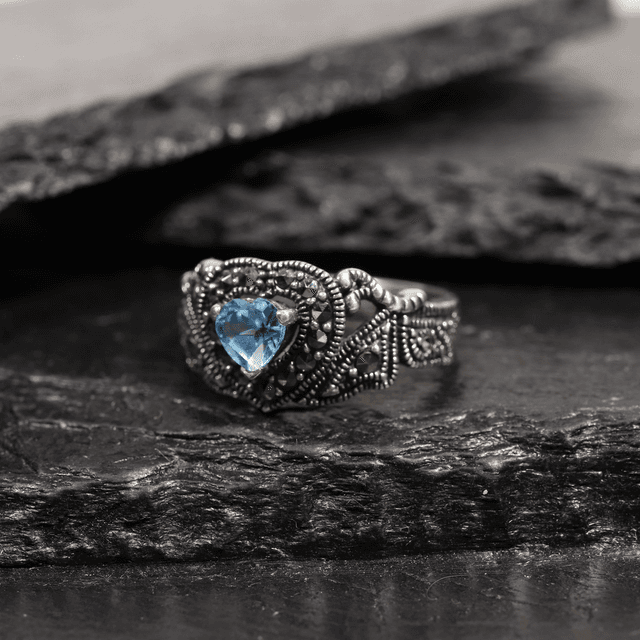 Vintage Sterling Silver 925 Art Deco Style Heart Cut Blue Topaz With Marcasite Gemstone Love Design Ring Size O - 7