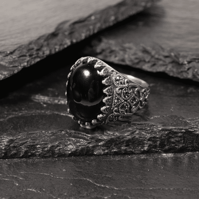Large Vintage Sterling Silver 925 Art Deco Style Claw Set Oval Cabochon Cut Black Onyx Marcasite Gemstone Ring Size T - 9 5/8
