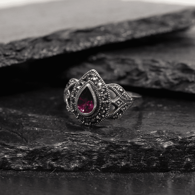 Vintage Sterling Silver 925 Art Deco Style Pear Cut Pink Purple Rhodolite Garnet With Marcasite Gemstone Design Ring Size N - 6 1/2