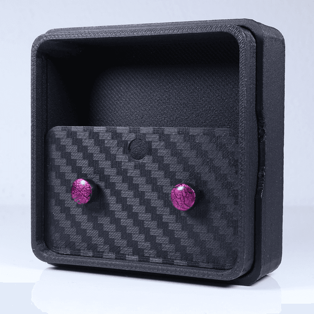 Hypoallergenic Vibrant Electric Cracked Pink Black Polymer Clay Plastic Rubber Back Stud Earrings With Designer Carbon Fiber Jewellery Box