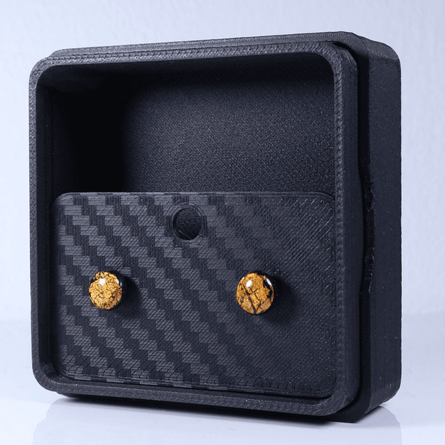 Hypoallergenic Vibrant Electric Cracked Orange Black Polymer Clay Plastic Rubber Back Stud Earrings With Designer Carbon Fiber Jewellery Box
