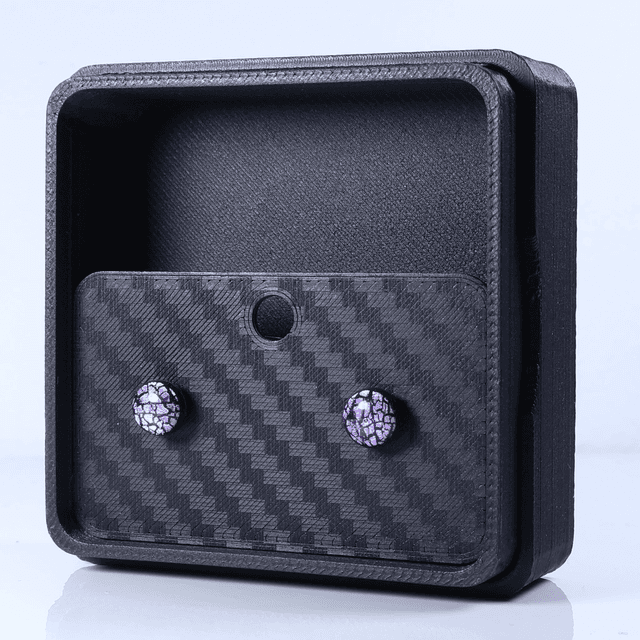 Hypoallergenic Vibrant Electric Cracked Lavender Purple Polymer Clay Plastic Back Stud Earrings With Designer Carbon Fiber Jewellery Box