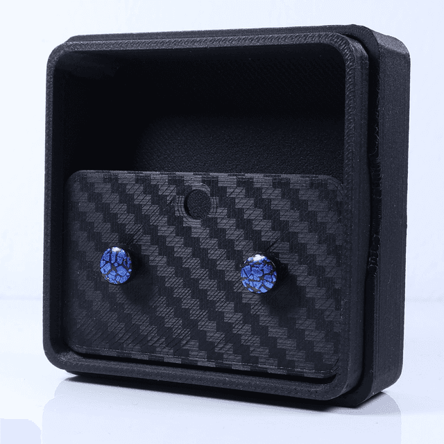 Hypoallergenic Vibrant Electric Cracked Deep Blue Black Polymer Clay Plastic Back Stud Earrings With Designer Carbon Fiber Jewellery Box