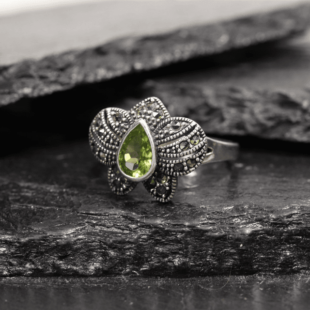 Vintage Sterling Silver 925 Art Deco Style Pear Cut Green Peridot With Marcasite Gemstone Butterfly Flower Design Ring Size O - 7